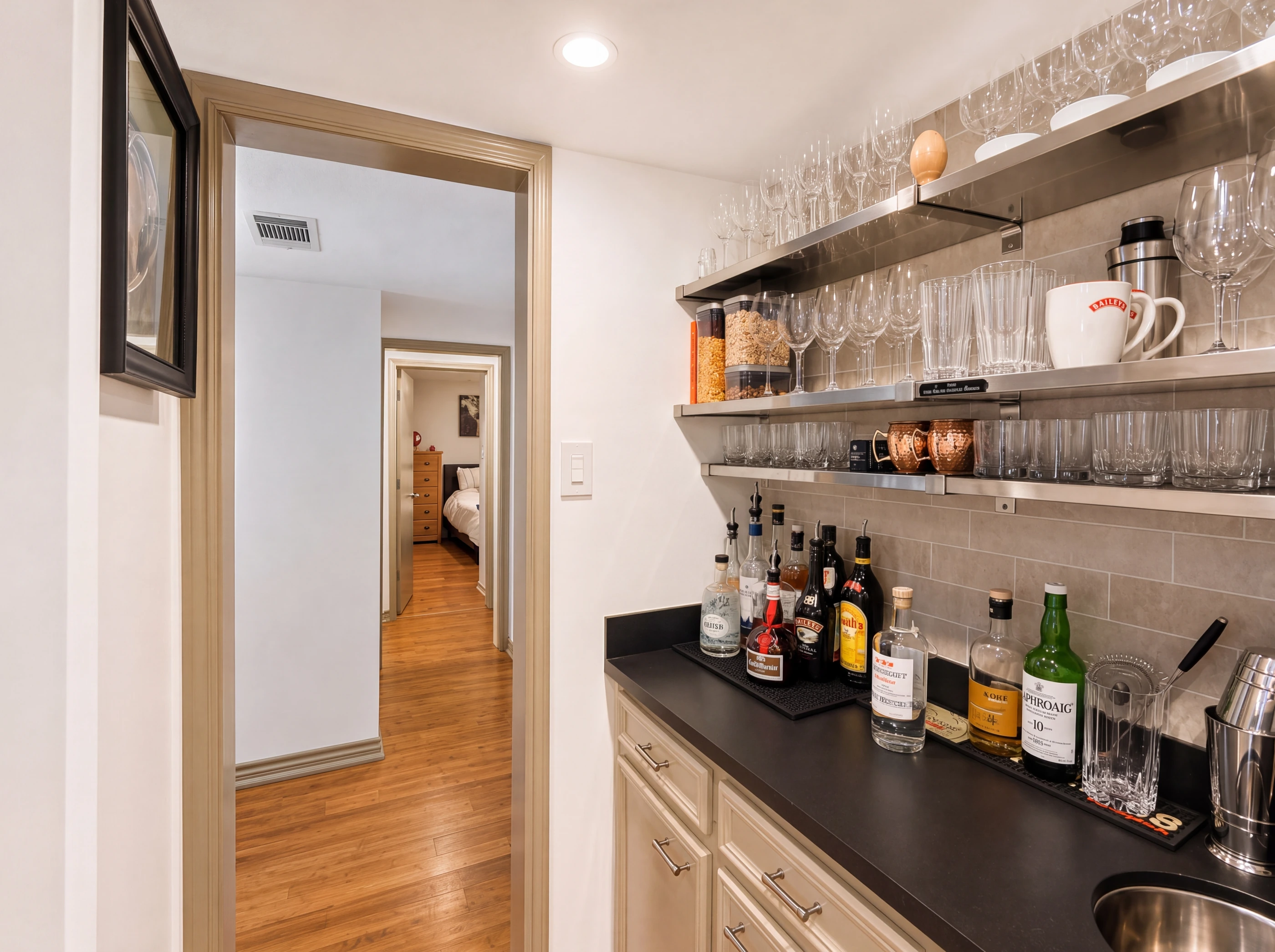 Wet bar with floating shelves