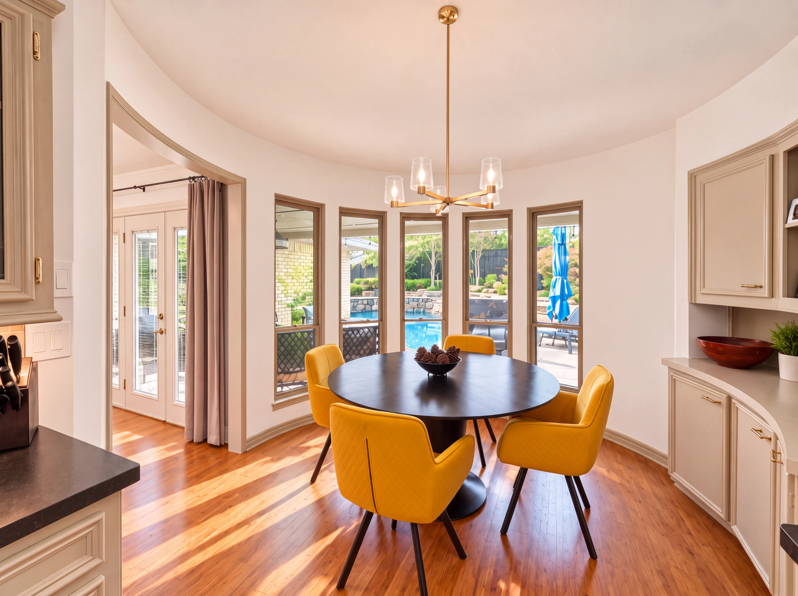 Breakfast room in a bay of windows over the pool