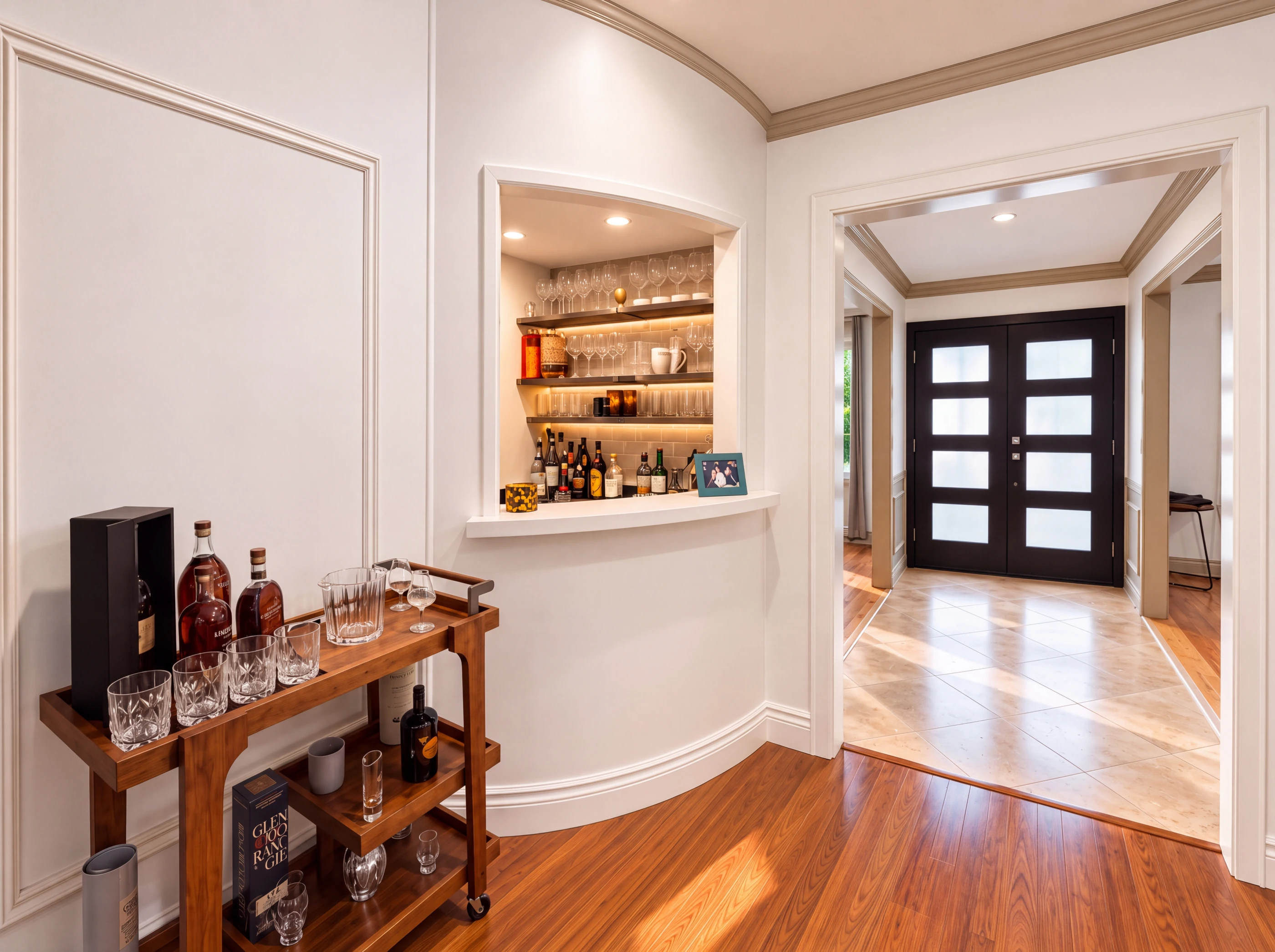 Entry with lit display niche and bar cart
