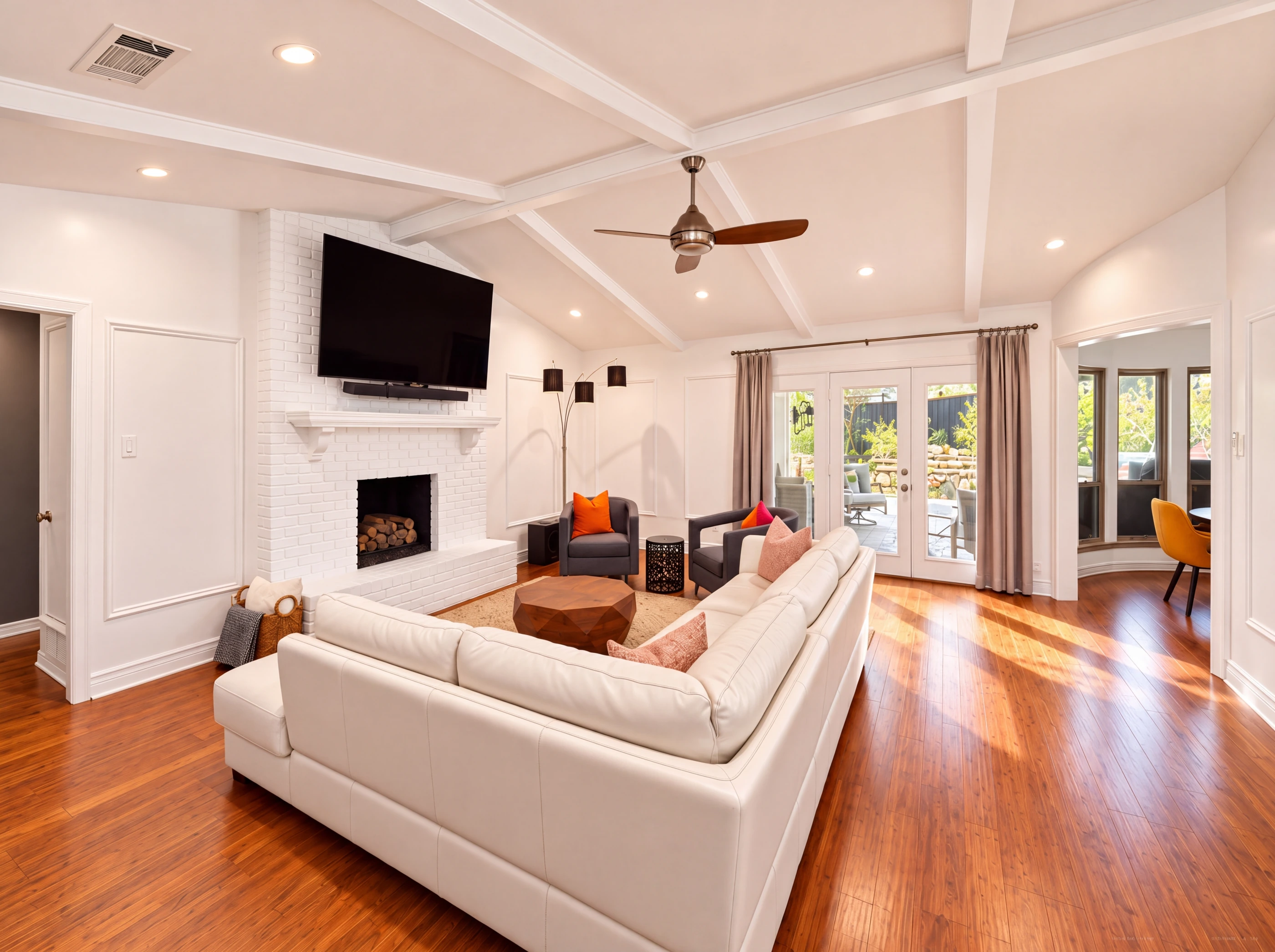 Family room with beamed ceiling and brick fireplace