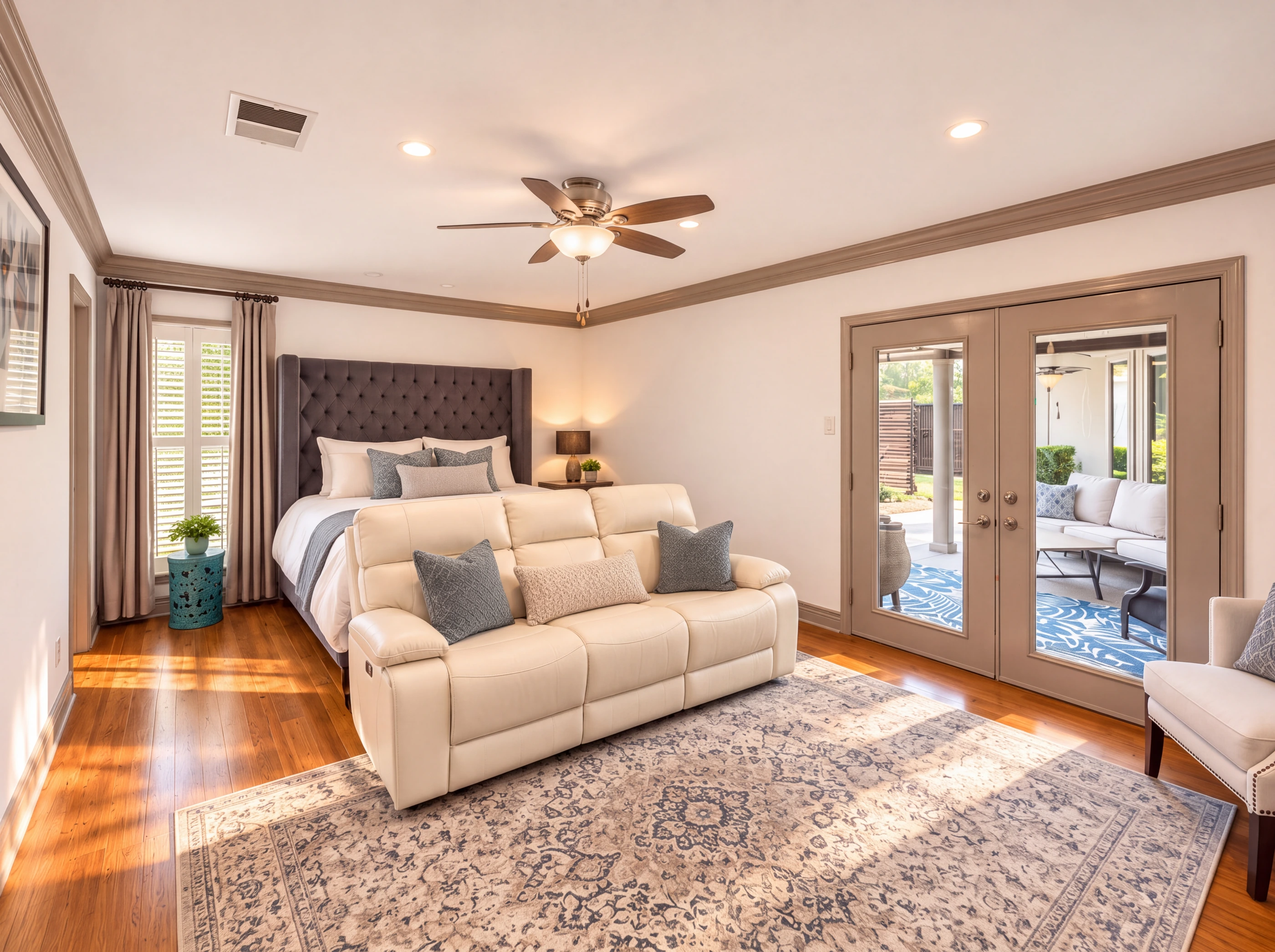 Primary bedroom with French doors to the backyard